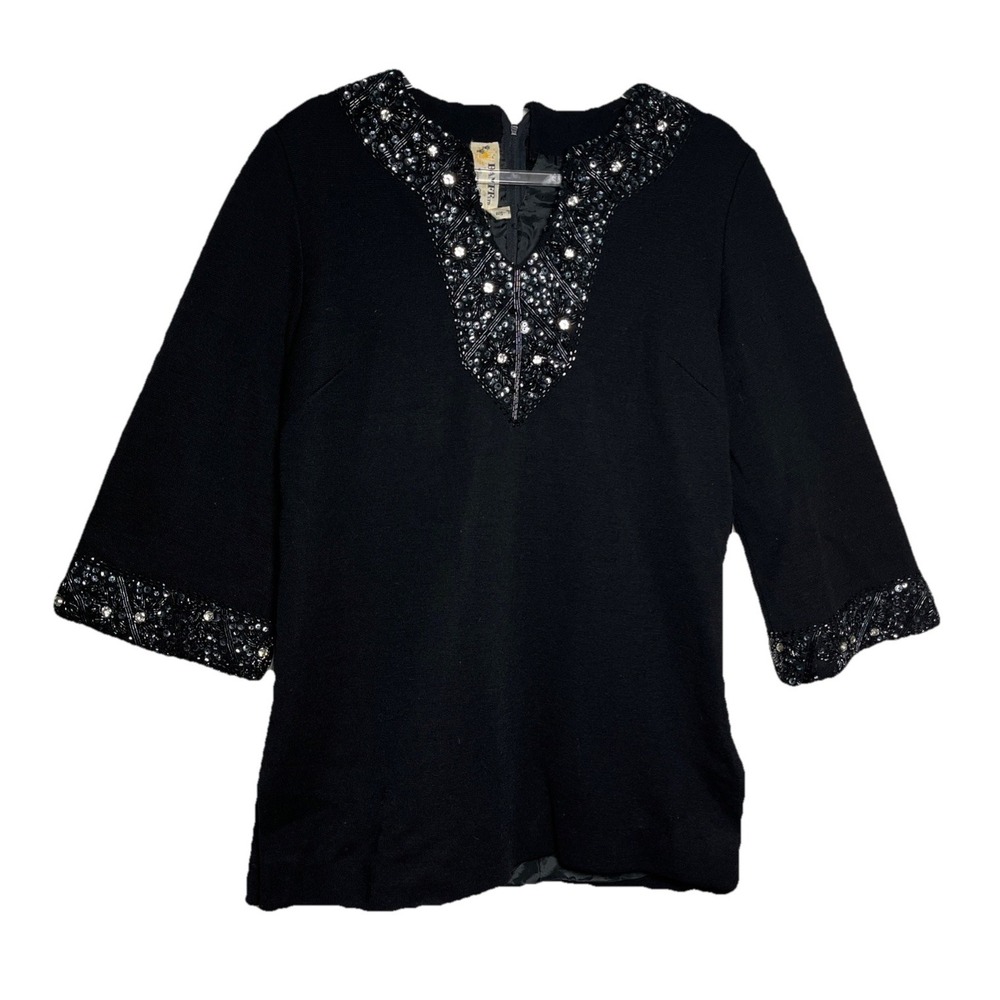 Vintage Banff‎ Ltd Gianni Ferri 1950s Black Wool Tunic Beaded Top Womens Size 8